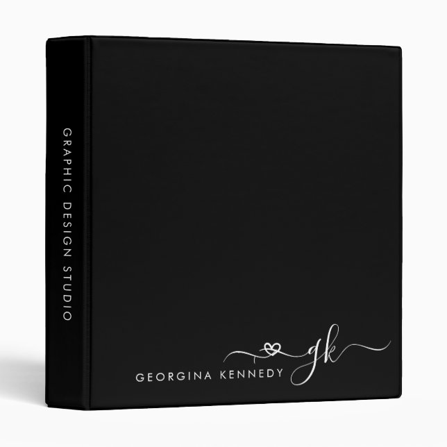 Girly Monogram Black White Chic Heart Script 3 Ring Binder (Front/Spine)