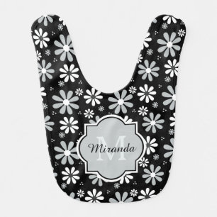 Girly Monogram Black White Daisy Flowers Baby Name Bib