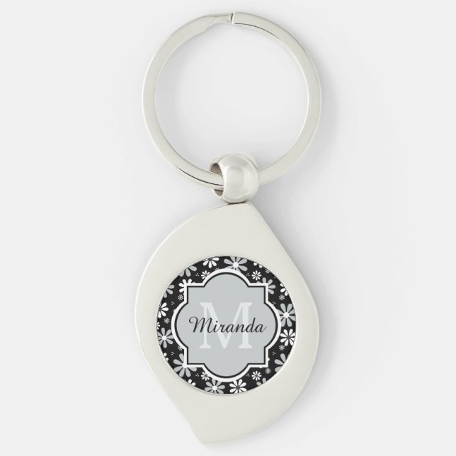 Girly Monogram Black White Daisy Flowers With Name Keychain (Front)