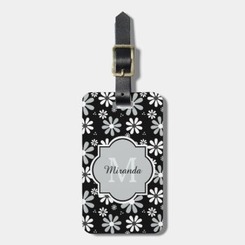 Girly Monogram Black White Daisy Flowers With Name Luggage Tag by ohsogirly at Zazzle
