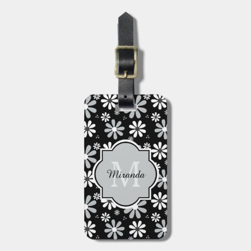 Girly Monogram Black White Daisy Flowers With Name Luggage Tag