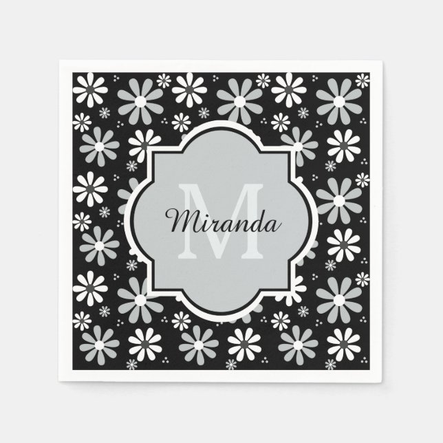 Girly Monogram Black White Daisy Flowers With Name Paper Napkins (Front)