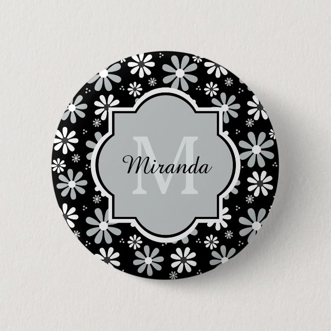 Girly Monogram Black White Daisy Flowers With Name Pinback Button (Front)