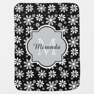 Girly Monogram Black White Daisy Flowers With Name Receiving Blanket