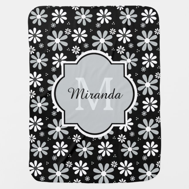 Girly Monogram Black White Daisy Flowers With Name Receiving Blanket (Front)