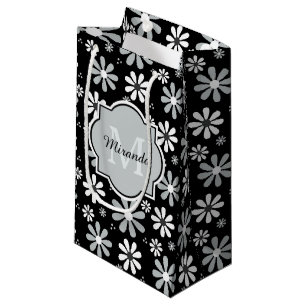 Girly Monogram Black White Daisy Flowers With Name Small Gift Bag
