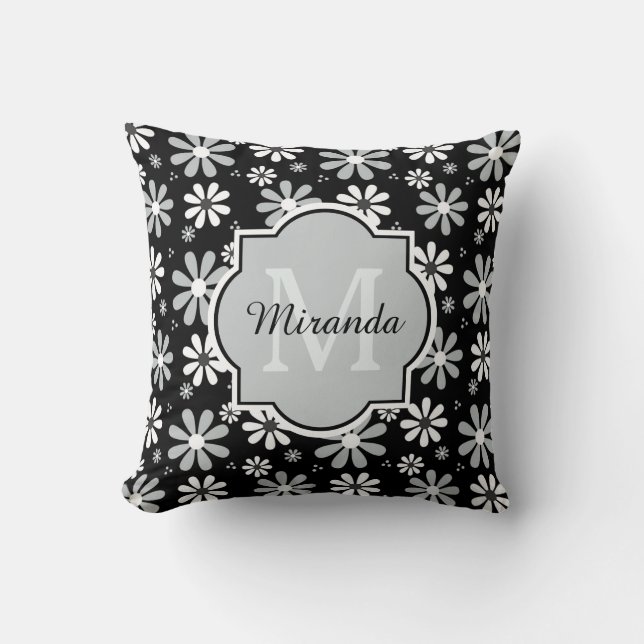 Girly Monogram Black White Daisy Flowers With Name Throw Pillow (Front)