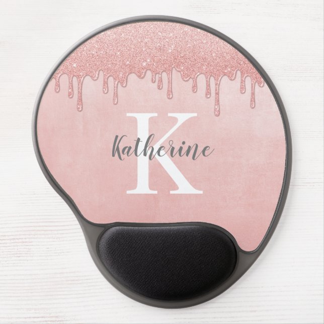 Girly Monogram Blush Pink dripping glitter Gel Mouse Pad (Front)