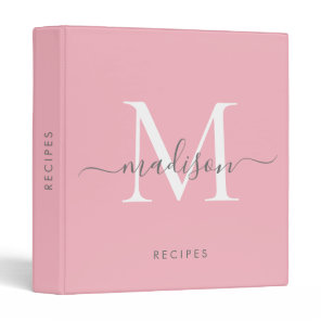 Girly  Monogram Blush Pink Gray Script Name Recipe 3 Ring Binder
