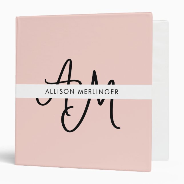 Girly Monogram Calligraphy Blush Pink 3 Ring Binder (Front/Inside)