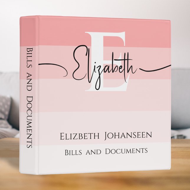 Girly Monogram Calligraphy Blush Pink Stripes Glam 3 Ring Binder (Creator Uploaded)