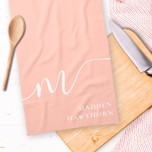 Girly Monogram Calligraphy Coral Blush Pink Kitchen Towel