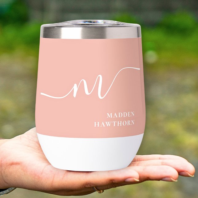 Girly Monogram Calligraphy Coral Pink Bridesmaid Thermal Wine Tumbler (Creator Uploaded)