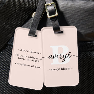 Girly Monogram Calligraphy Initial Name Blush Pink Luggage Tag