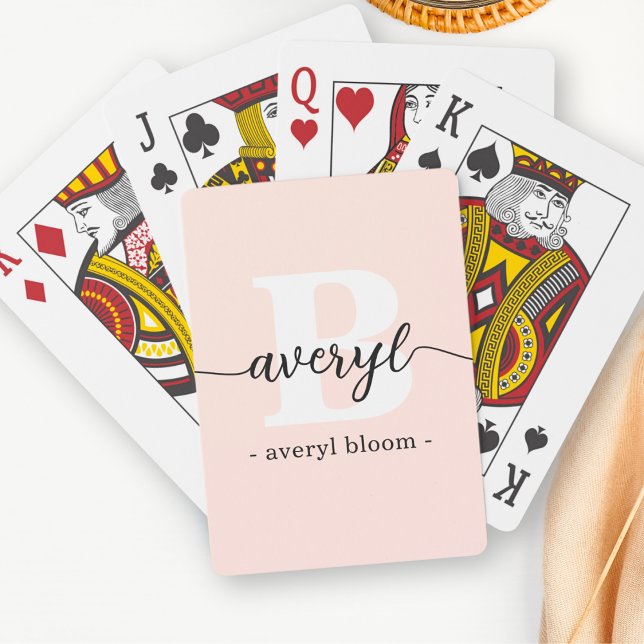 Girly Monogram Calligraphy Initial Name Blush Pink Poker Cards (Creator Uploaded)