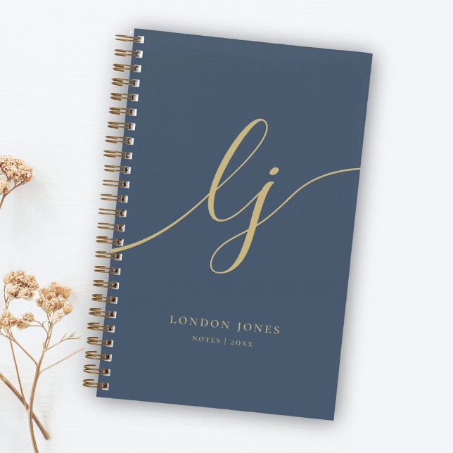 Girly Monogram Calligraphy Initials Navy Gold Notebook (Creator Uploaded)