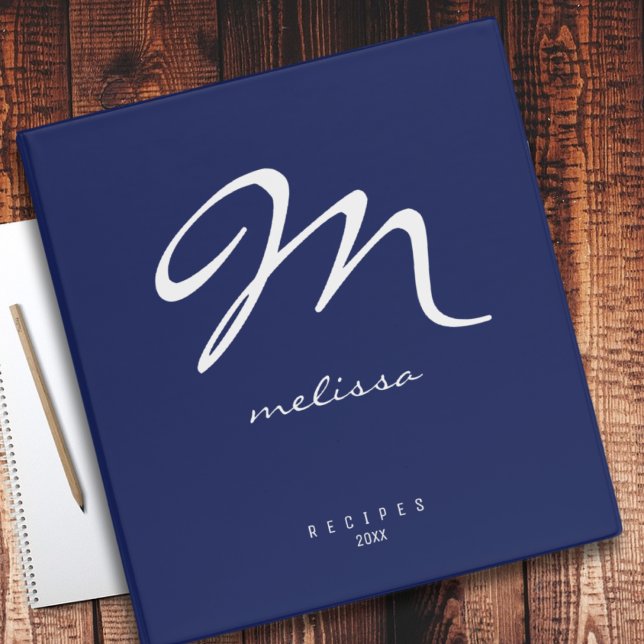 Girly Monogram Calligraphy Recipes Navy 3 Ring Binder (Creator Uploaded)