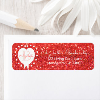 Girly Monogram Coral Glitter Bokeh Heart Label