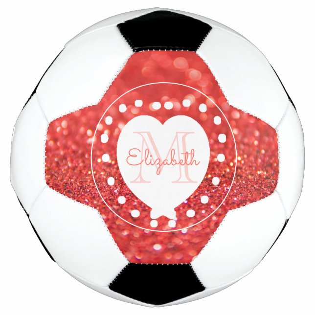Girly Monogram Coral Glitter Bokeh White Heart Soccer Ball (Front)