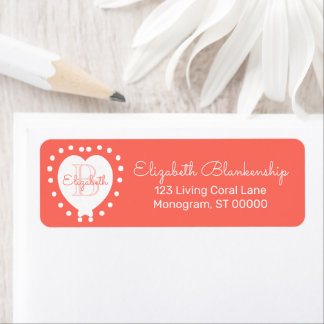 Girly Monogram Coral Heart Dots Template Label