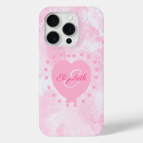 Girly Monogram Custom Name Pink Heart Watercolor iPhone 15 Pro Case