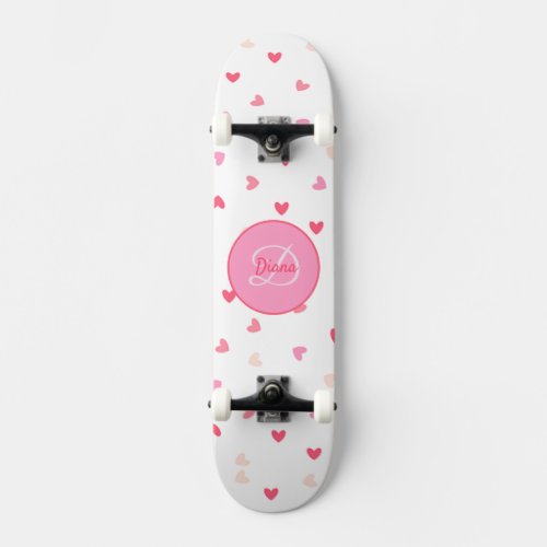 Girly Monogram cute hearths with Name Skateboard