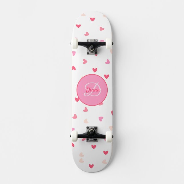 Girly Monogram cute hearths with Name Skateboard (Front)
