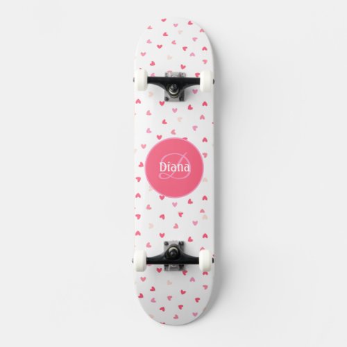 Girly Monogram cute hearths with name Skateboard