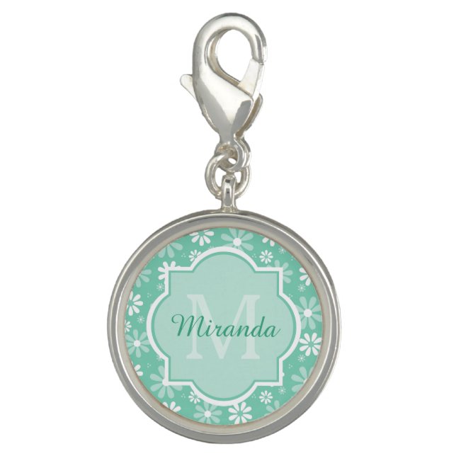 Girly Monogram Cute Mint Daisy Flowers With Name Charm (Front)