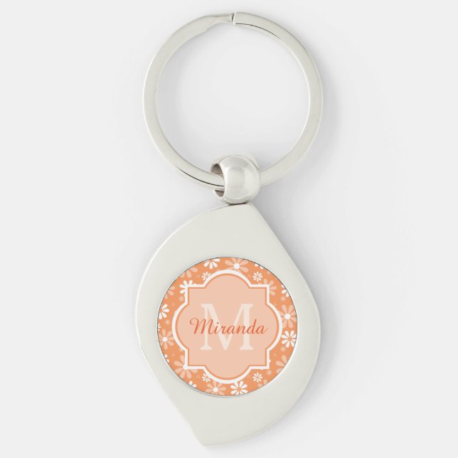 Girly Monogram Cute Orange Daisy Flowers and Name Keychain (Front)