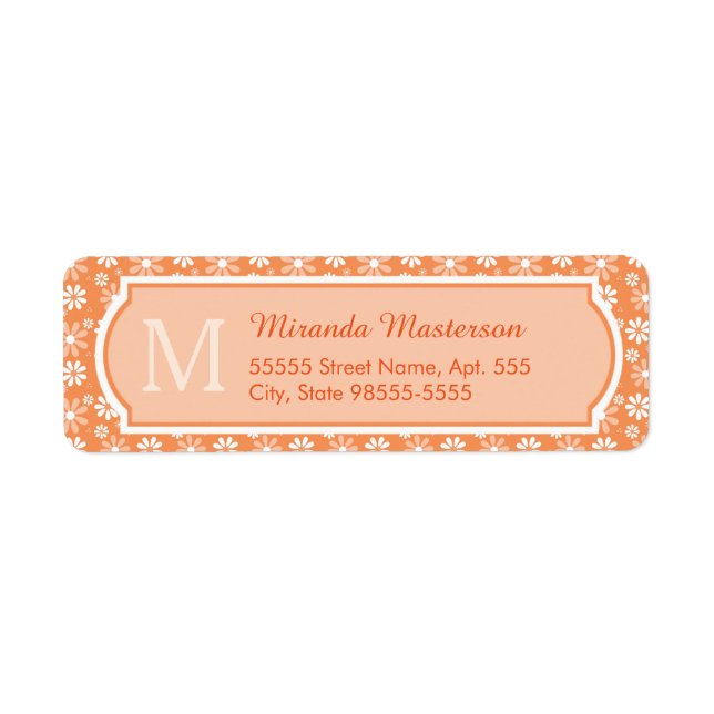 Girly Monogram Cute Orange Daisy Flowers and Name Label (Front)