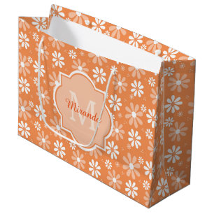 Girly Monogram Cute Orange Daisy Flowers and Name Large Gift Bag