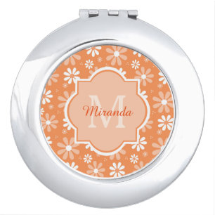 Girly Monogram Cute Orange Daisy Flowers and Name Makeup Mirror