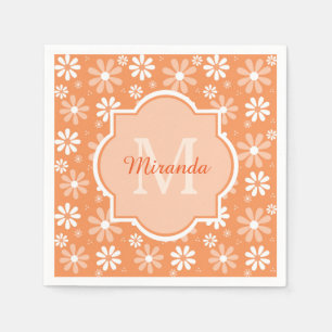 Girly Monogram Cute Orange Daisy Flowers and Name Napkins