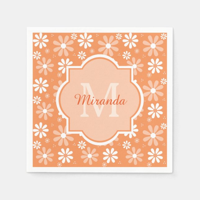 Girly Monogram Cute Orange Daisy Flowers and Name Napkins (Front)