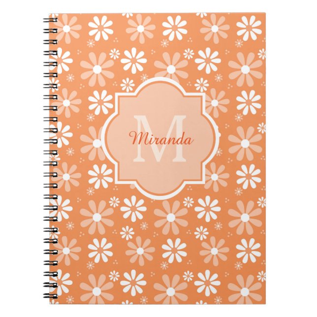 Girly Monogram Cute Orange Daisy Flowers and Name Notebook (Front)
