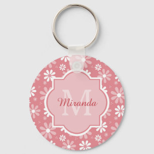 Girly Monogram Cute Pink Daisy Flowers and Name Keychain