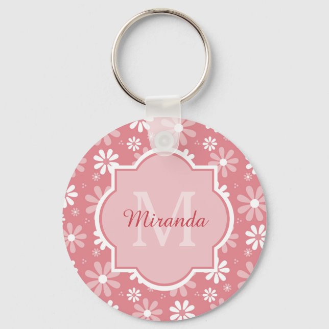 Girly Monogram Cute Pink Daisy Flowers and Name Keychain (Front)