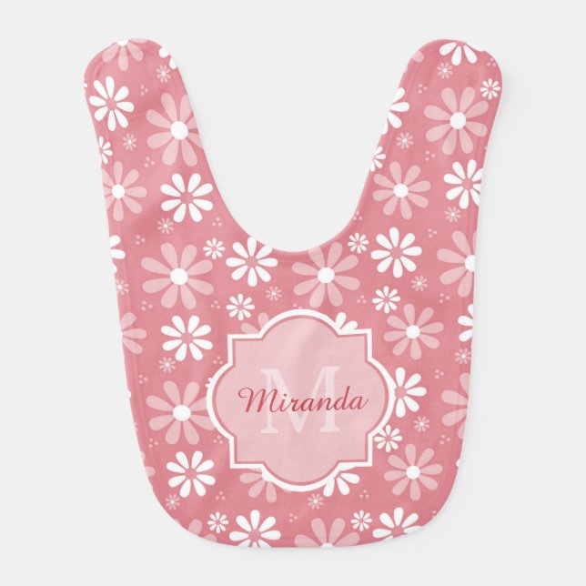 Girly Monogram Cute Pink Daisy Flowers Baby Name Bib (Front)