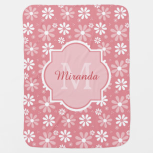 Girly Monogram Cute Pink Daisy Flowers Baby Name Stroller Blanket