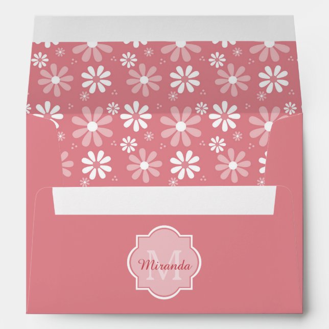 Girly Monogram Cute Pink Daisy Flowers With Name Envelope (Back (Bottom))