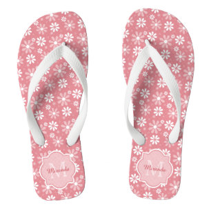 Girly Monogram Cute Pink Daisy Flowers With Name Flip Flops