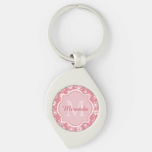 Girly Monogram Cute Pink Daisy Flowers With Name Keychain (Front)