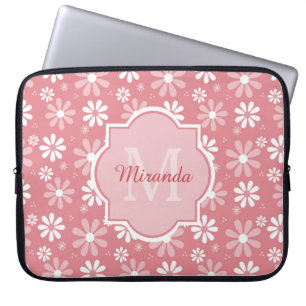 Girly Monogram Cute Pink Daisy Flowers With Name Laptop Sleeve
