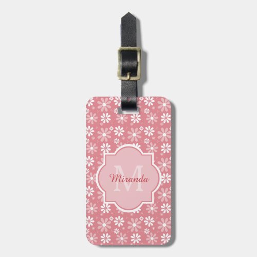 Girly Monogram Cute Pink Daisy Flowers With Name Luggage Tag