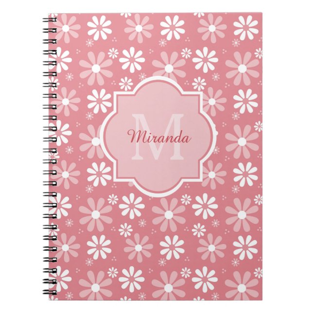 Girly Monogram Cute Pink Daisy Flowers With Name Notebook (Front)
