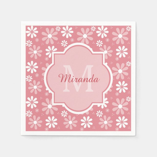 Girly Monogram Cute Pink Daisy Flowers With Name Paper Napkins (Front)