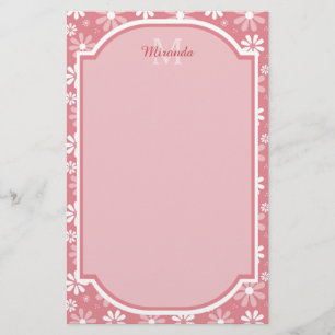Girly Monogram Cute Pink Daisy Flowers With Name Stationery