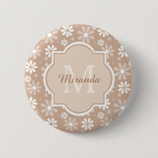 Girly Monogram Cute Tan Daisy Flowers and Name Button