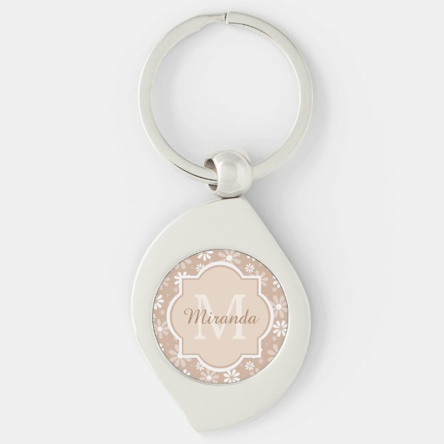 Girly Monogram Cute Tan Daisy Flowers and Name Keychain (Front)
